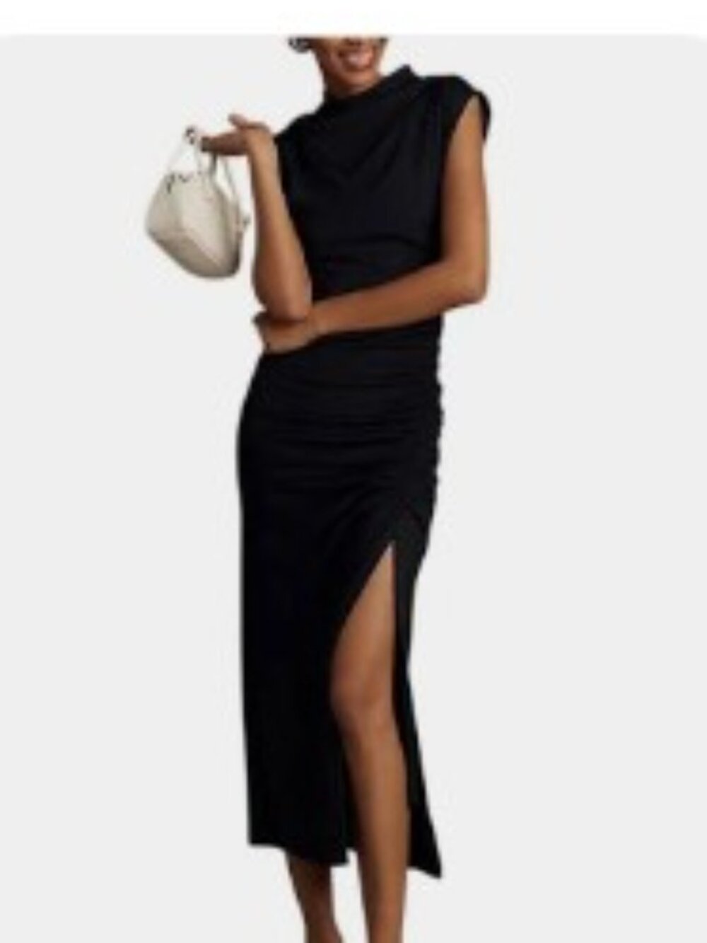Anthropologie Maya Ruched Cowl Neck Dress Front Slit Black Size Large